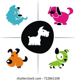 Funny cartoon dogs, different characters, puppy illustration. Human friends, cute animals. Symbol of 2018 year, eastern calendar. Set of silhouettes on white background. Logo signs.