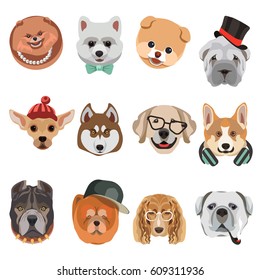 Funny cartoon dogs heads and muzzle faces vector icons set. Different dog breed hipster style. Cute puppy pets in tie necklace collar, headphones, gentleman knitted hat, glasses and smoking pipe