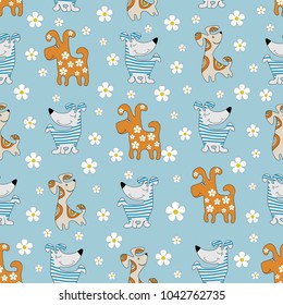 Funny cartoon dogs. Seamless pattern. Colorful background image with cute animals. Design for children's textiles, packages of packaging materials.