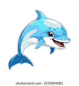 Funny cartoon dolphin. Animals and wildlife. Marine life. Vector illustration. Template for the design of a logo, icon, sticker, poster. 