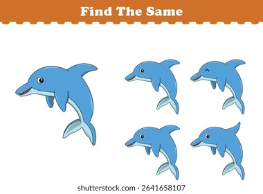 Funny cartoon dolphin. Find same pictures. Educational game for children. Cartoon vector illustration
