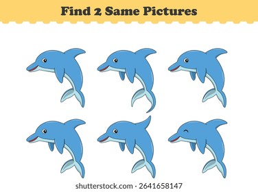 Funny cartoon dolphin. Find two same pictures. Educational game for children. Cartoon vector illustration