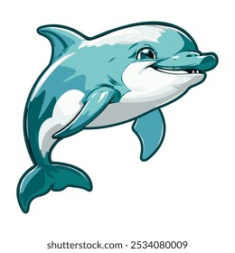 Funny cartoon dolphin. Template for the design of a logo, icon, sticker, poster. Marine life. Animals and wildlife. Vector illustration.