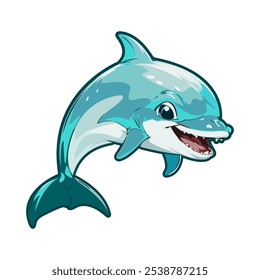 Funny cartoon dolphin. Template for the design of a logo, sticker, icon, poster. Animals and wildlife. Marine life. Vector illustration.