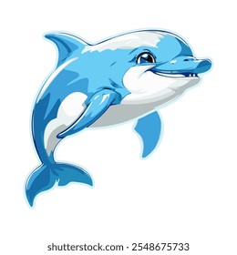 Funny cartoon dolphin. Template for the design of a logo, sticker, icon, poster. Vector illustration in a flat style. Marine life. Animals and wildlife.