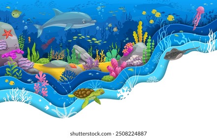 Funny cartoon dolphin and turtle at paper cut sea underwater landscape. 3d vector wavy papercut frame with jellyfish, fish shoal, whimsical seaweeds and coral reef in ocean water depth