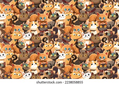 Funny Cartoon Hauskatzen nahtloses Muster. Farbenfroher Druck mit süßen Kätzchen, Haustier, Fotze. Katzenfiguren poster Wallpaper.  Stilvolle Cartoon-Tierhintergrund. Vektorgrafik. für Gewebe, Wickelpapier