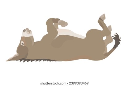 Funny cartoon donkey rolling on his back. Funny vector animal illustration.