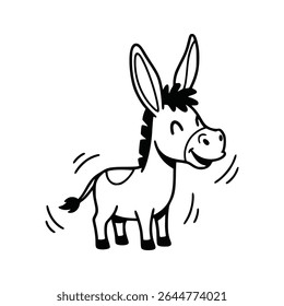 Funny cartoon donkey shaking its body joyfully with cheerful face in black line sketch. Vector Illustration