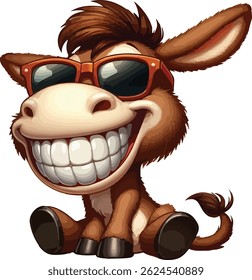 Engraçado Desenho Animado Burro Sorrindo com Óculos de Sol Ilustração Vetor
