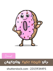 Funny cartoon donut with pink glaze isolated on white background. Cartoon doughnut character. Vector Illustration