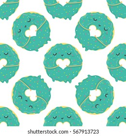 Funny cartoon donuts with blue aquamarine icing and heart shape insight. Seamless pattern. Background for cafes, restaurants, coffee shops, catering and Valentine's day card. Vector illustration.