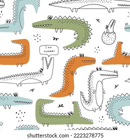 Funny cartoon doodle crocodile. Vector seamless pattern with a colorful alligator. Can be used for wallpaper, textiles, nurseries, fabric, and apparel.