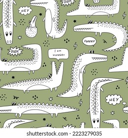 Funny cartoon doodle crocodile. Vector seamless pattern with  alligator. Can be used for wallpaper, textile, nurseries, fabric, and apparel.