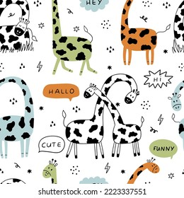 Gracioso dibujo de la jirafa del doodle. Patrón vectorial sin fisuras con jirafas, burbujas de voz y elementos decorativos. Se puede usar para papel pintado, textiles, viveros, tela y prendas de vestir.