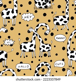 Funny cartoon doodle giraffe. Vector seamless pattern with giraffes, speech bubbles and dots. It can be used for wallpaper, textiles, nurseries, fabric, and apparel.