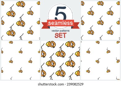 Funny cartoon double pear. Set of 5 vector seamless pattern. 