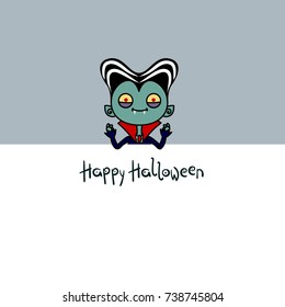Funny cartoon Dracula on gray background. Halloween card.