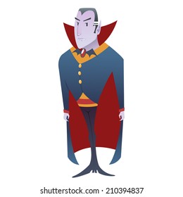 Funny cartoon Dracula vampire character standing with serious and creepy look