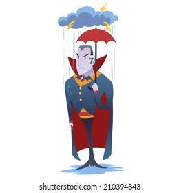 Funny cartoon Dracula vampire character standing under the rain with umbrella