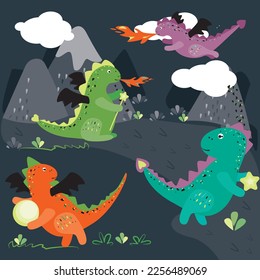 Funny cartoon dragon character, Vector illustration. Cute and funny, childish characters, for kids fabrics and design.