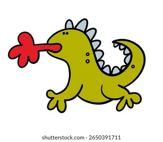 Engraçado desenho animado dragão de   conto de fadas respira fogo. Ilustração vetorial de um enorme monstro lagarto, animal mágico, animal de estimação perigoso atacando um inimigo.