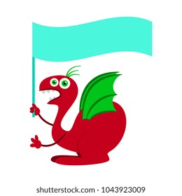 Funny cartoon dragon monster with message blue flag. 