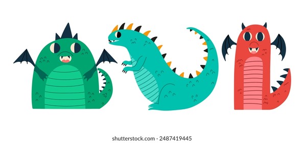 Divertido juego de dragones de dibujos animados. Bebé lindo dinosaurio colección. Ilustración vectorial aislada. 