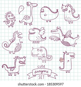 Funny cartoon dragon set in vector. Doodle fantastic characters