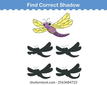 Funny cartoon dragonfly. find the correct shadow. Kids Education games. Cartoon vector illustration