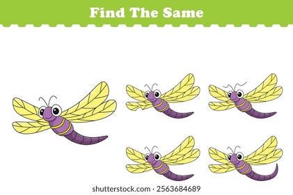 Funny cartoon dragonfly. Find same pictures. Educational game for children. Cartoon vector illustration