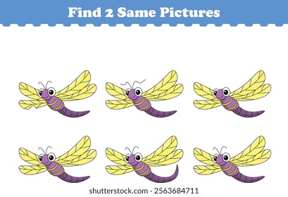 Funny cartoon dragonfly. Find two same pictures. Educational game for children. Cartoon vector illustration