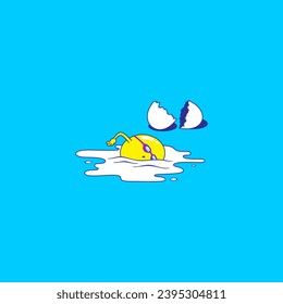 funny cartoon drawing of a character swimming inside a broken egg. vector illustration of a character swimming inside a broken egg