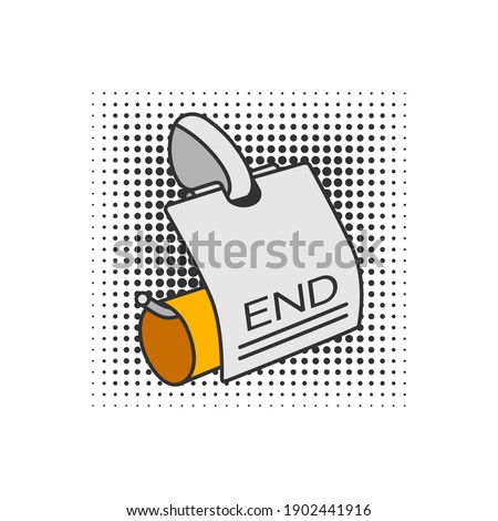 Funny cartoon drawing of an empty toilet paper roll hanging on a holder on an isolated white background. Title: End 
