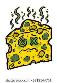 A funny cartoon drawing of a slice of yellow Swiss cheese with green mold spots, smelling bad and looking sick