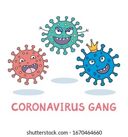 Funny cartoon drawing of the three coronavirus cells. Perfect for explaining the children about the virus and the disease. Vector illustration.