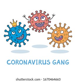 Funny cartoon drawing of the three coronavirus cells. Perfect for explaining the children about the virus and the disease. Vector illustration.