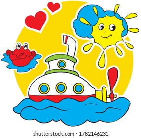 Funny cartoon drawn sea crab character, submarine and sun, children' sticker form.