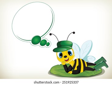 Funny cartoon dreamer bee lying on a leaf