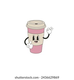 Funny cartoon drink coffee to go cup school recess lunch snack vector illustration isolated on white. Groovy hand drawn back to school education print poster postcard design.