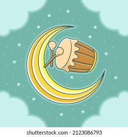 funny cartoon drum, islamic card. vector illustration for sticker or icon