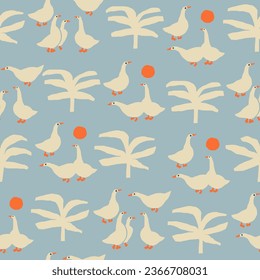 Funny cartoon ducks and gooses surrounded by trees and flowers seamless pattern. Farm birds funny print.