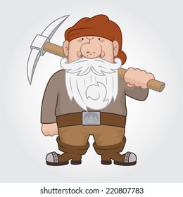 Funny cartoon Dwarf with pick. Vector Illustration