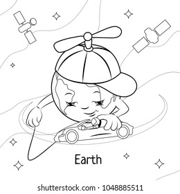 Funny cartoon Earth. Black and white vector illustration for children's coloring book