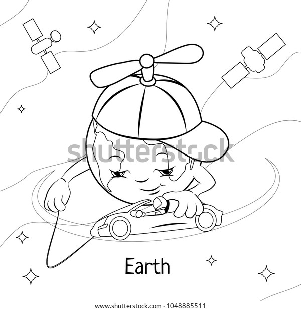 Funny cartoon Earth. Black and white vector\
illustration for children\'s coloring\
book