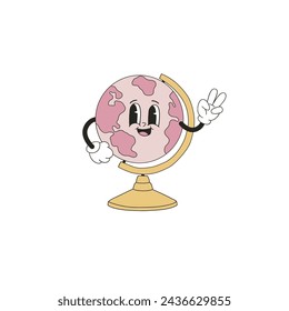 Funny cartoon earth globe geography lesson vector illustration isolated on white. Groovy hand drawn back to school education print poster postcard design.