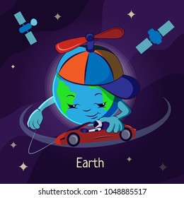 Funny cartoon Earth plays with electric car. Vector illustration for children's educational games