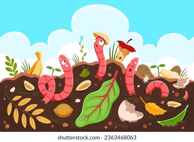 Graciosos gusanos de la tierra de dibujos animados en suelo de compost, fondo vectorial. Gusano de tierra en suelo de compost de huertas agrícolas con basura orgánica o desechos biológicos, agricultura natural y medio ambiente compostable