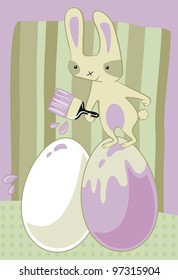 Funny cartoon with Easter bunny painting eggs