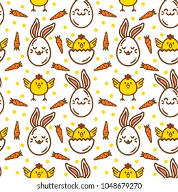 Funny cartoon easter eggs with rabbits ears and chicken. Vector seamless pattern in flat style for greetings card